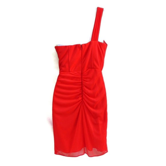 Cache Cocktail Dress Rhinestone Brooch Neon Red Ruched Padded Bra Zip Back USA 4 - Picture 2 of 15